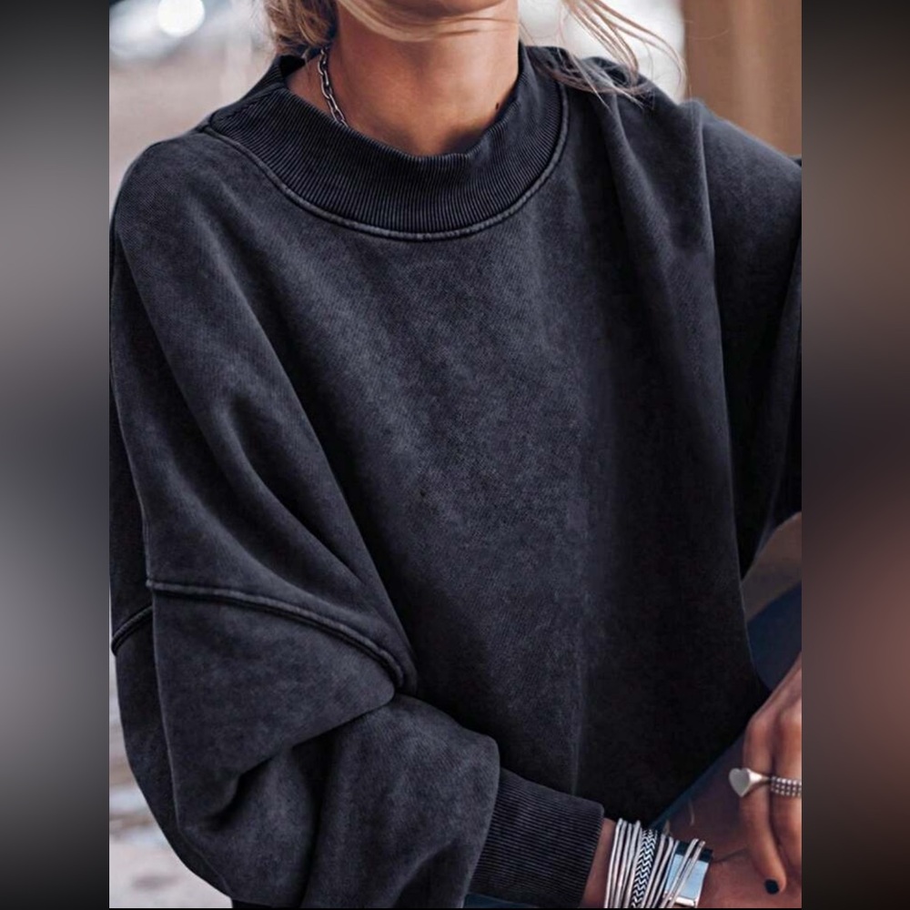 Boho Cotton Mineral Washed Oversized Mock Neck Dolman T Shirt Top Sweat Shirt